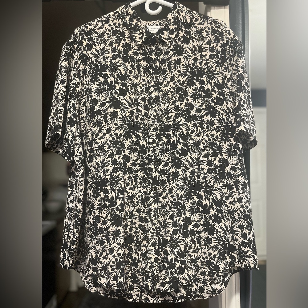 Saint Laurent Floral Short Sleeve Silk Shirt Black White Sz 42 / 16.5 Made Italy